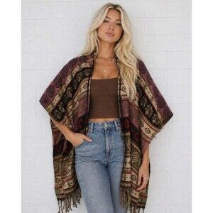 NWT Sacred Threads OS Exotic Woven Acrylic Open Hooded Poncho Jacket Cover-up